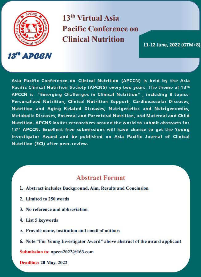 13th Virtual Asia Pacific Conference on Clinical Nutrition